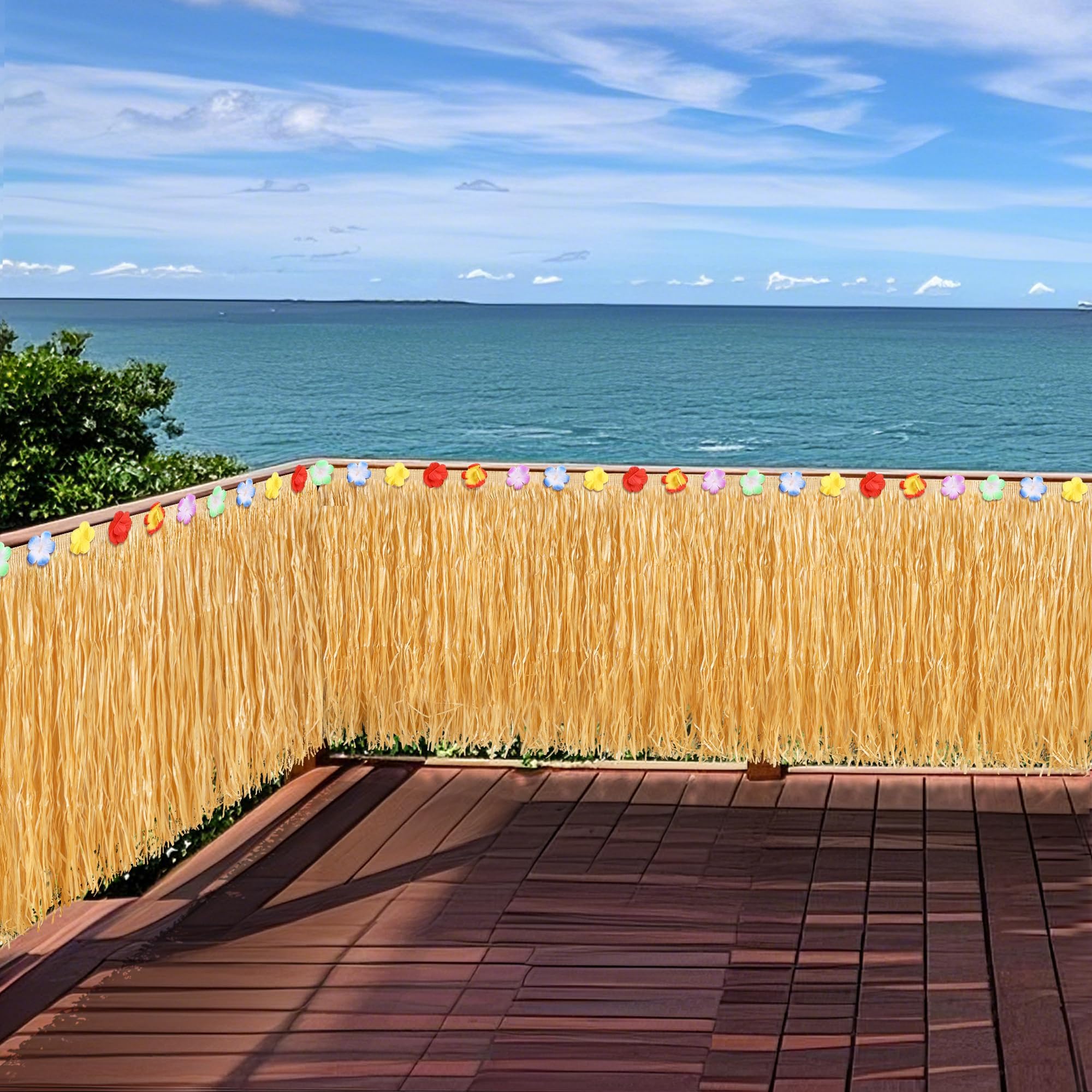 Photo 1 of Fovths Luau Grass Table Skirt 36 feet x 29.5 inch Fringe Banner Grass Table Skirt Natural Hawaiian Straw Grass Skirt for Tiki Bar Roof Summer Beach Tropical Party Decorations, Straw Yellow