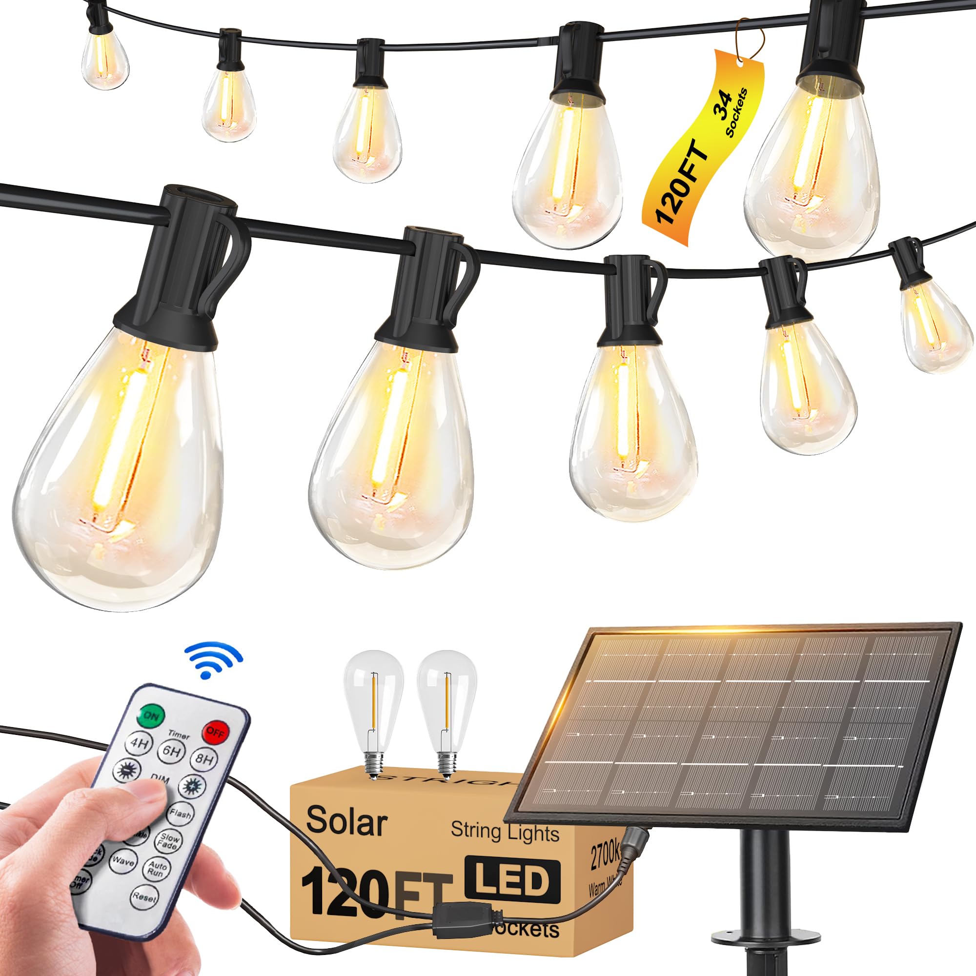 Photo 1 of Solar String Lights for Outside 120FT with Remote 8 Lights Mode, Weatherproof Shatterproof S14 LED Bulb 34 Sockets, Outdoor Patio Light for Backyard Porch Cafe