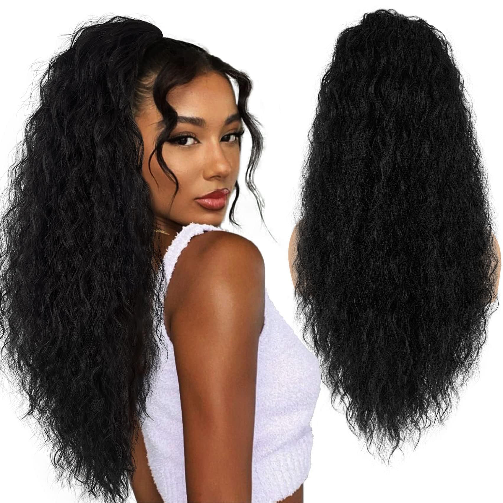 Photo 1 of UA My Hair Long Curly Drawstring Ponytail Extension for Women - 26 Inch Black Wavy Clip-in Synthetic Ponytail for Daily & Party Use