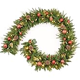 AMERZEST 9FT Red Gold Christmas Garland Prelit with Battery Operated 50 LED Lights,Holiday Decoration Stairs Mantle Door Indoor Outdoor