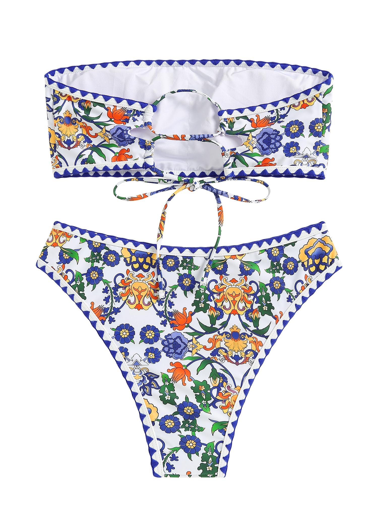 ZAFUL Women Strapless Textured Bandeau Bikini 2 Piece Swimwear Cheeky Solid Lace up Bathing Suits(7-Blue Yellow,M) - Image 4