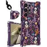 Toycamp for Samsung S24 Ultra Case with Strap for Women - Cute Funny Girls Girly Fashion Skull Flower Design Case with Wrist Lanyards Four Corners Flexible Hang Style