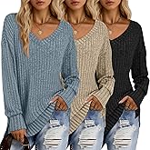 Velvelhall 3 Pack Women's Ribbed Sweaters Shirts Long Sleeve Side Split V Neck Lightweight Sweaters Tops Loose Fit Pullover