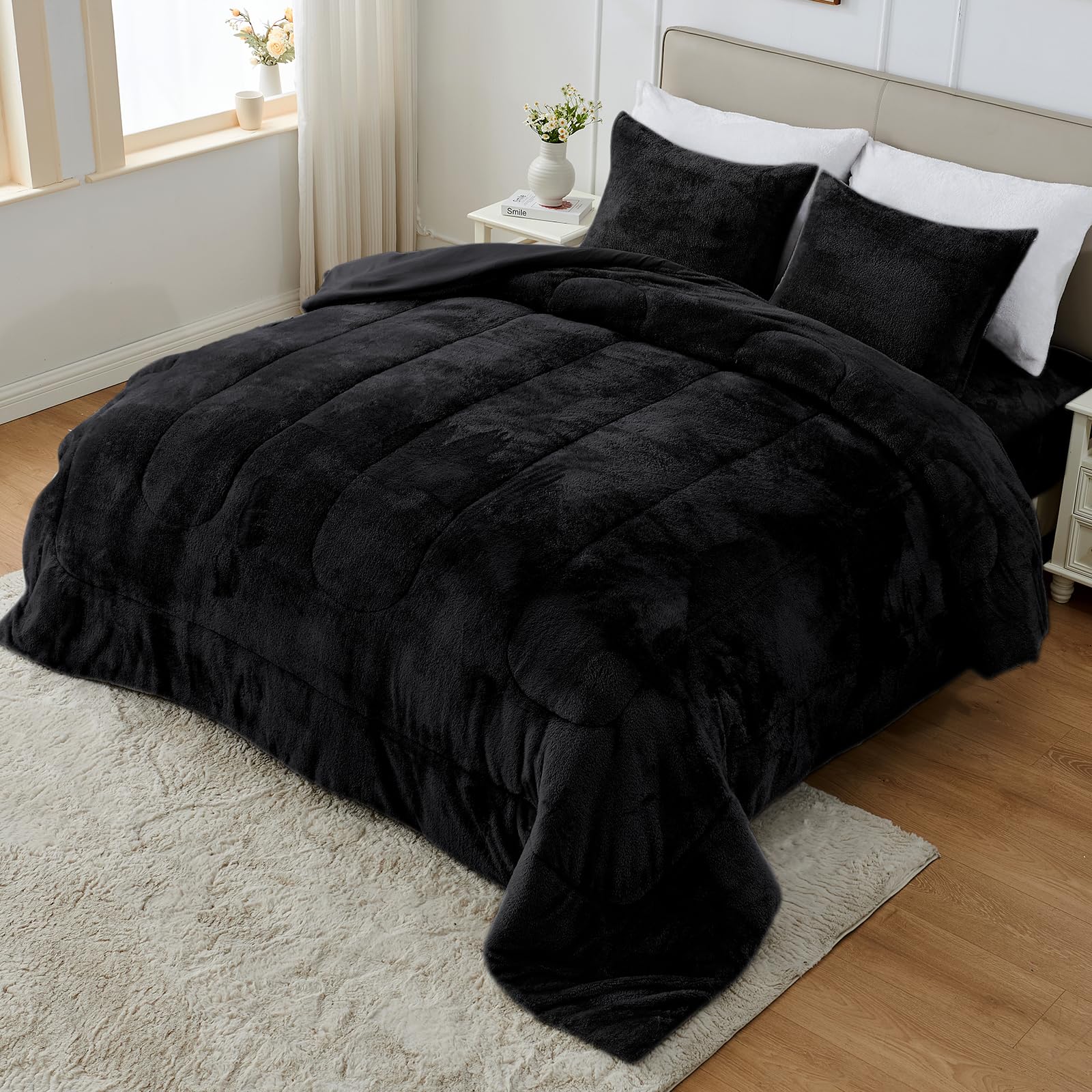 YIYEA Faux Fur Comforter Set Queen Size with Fitted Sheet, Luxury Ultra Soft Fuzzy Comforter, Fluffy Plush Velvet Bedding Comforter Sets for Fall Winter, Cozy Warmth, No Shedding, 4PC, Black