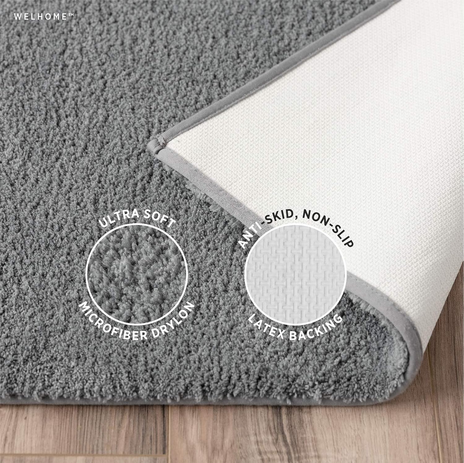 Welhome 100% Microfiber Drylon Non Slip Bath Rug - Latex Backing - Ultra Absorbent - Quick Dry - Soft - Durable - Hotel Spa Bathroom Collection - 17"x 24", 21"x 34" - Gray: Kitchen & Dining
