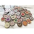 Wooden Buttons,Bohemian Flower Pattern Round Button,Creative Novelty Mixed Random Fashion 2 Holes Buttons for Sewing Crafting Scrapbook 25mm Pack 50 (Multicolored-R Flower)