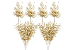 SY Super Bang 20 Pack Christmas Tree Decorations, Gold Christmas Ornaments Artificial Glitter Berry Picks and Sprays Stems Branches Picks Twigs, for Winter Xmas Tree Vase Filler Home Holiday Decor