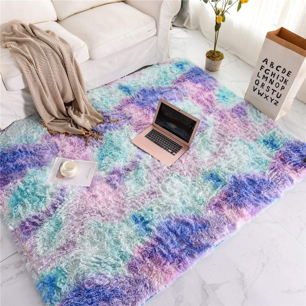 Photo 1 of Meeting Story Shaggy Tie Dye Rugs for Girls Living Room Nursery Kids, Fluffy Shag Fuzzy Soft Carpet for Bedroom, Indoor Foyer Floor Mat, Thick Plush Bedside Area Rug Non-Skid (Blue Purple,3'x5')