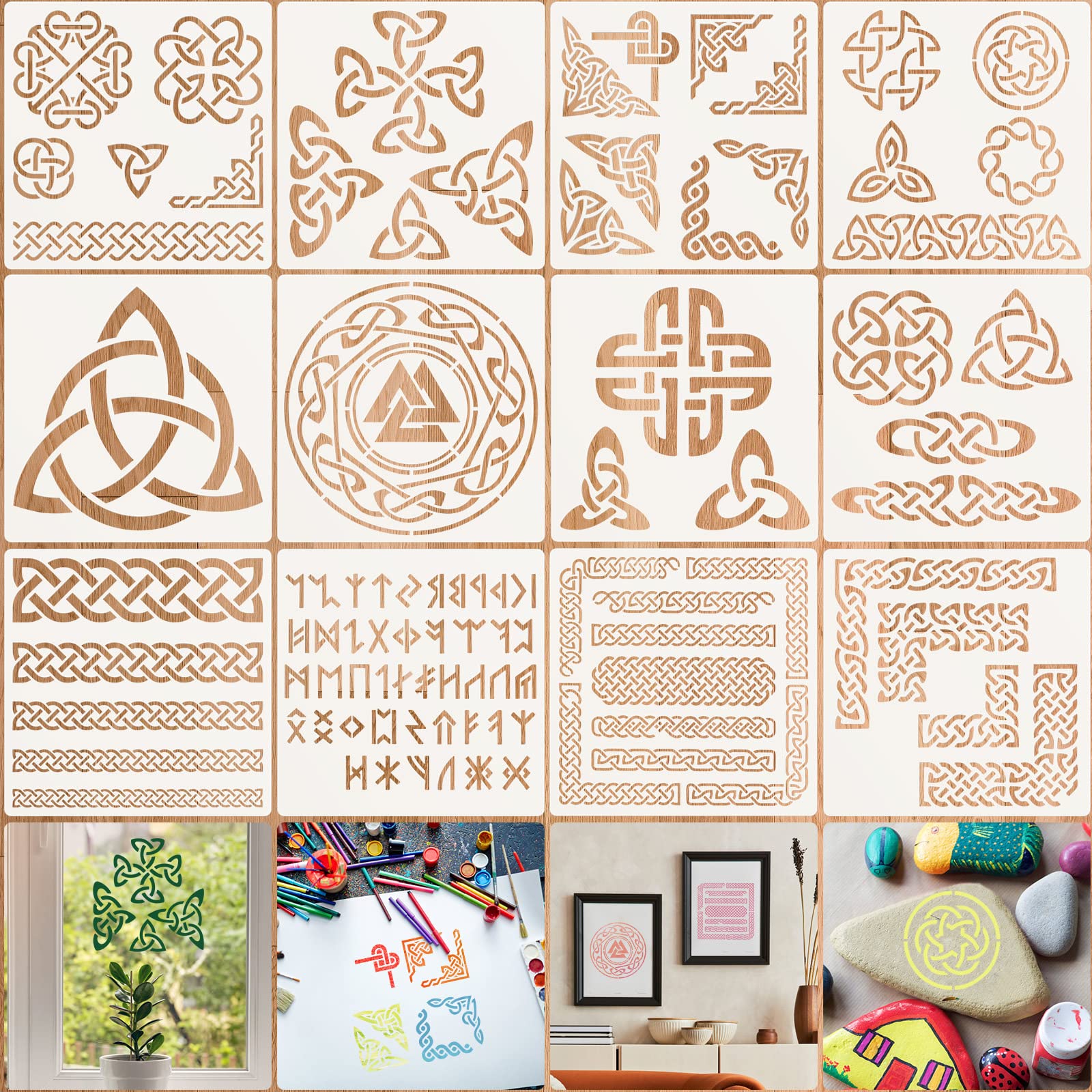 Viking Knot Stencils for Crafts Reusable Celtic Knot Stencils Viking Symbol Templates Stencils for Furniture Painting Drawing Scrapbook Tracing DIY Wall Decoration-12 Pcs