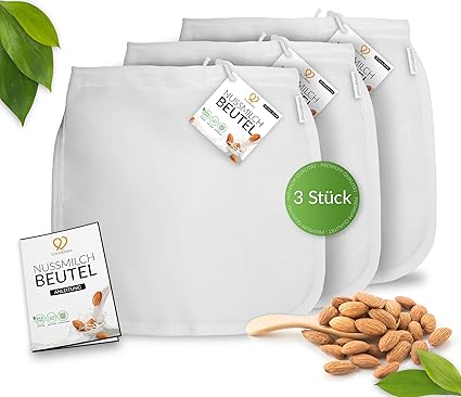 GoodBake 3er Set Premium Nussmilchbeutel für vegane Mandelmilch, Haselnussmilch, feinmaschiges Passiertuch, Filtertuch für Sm