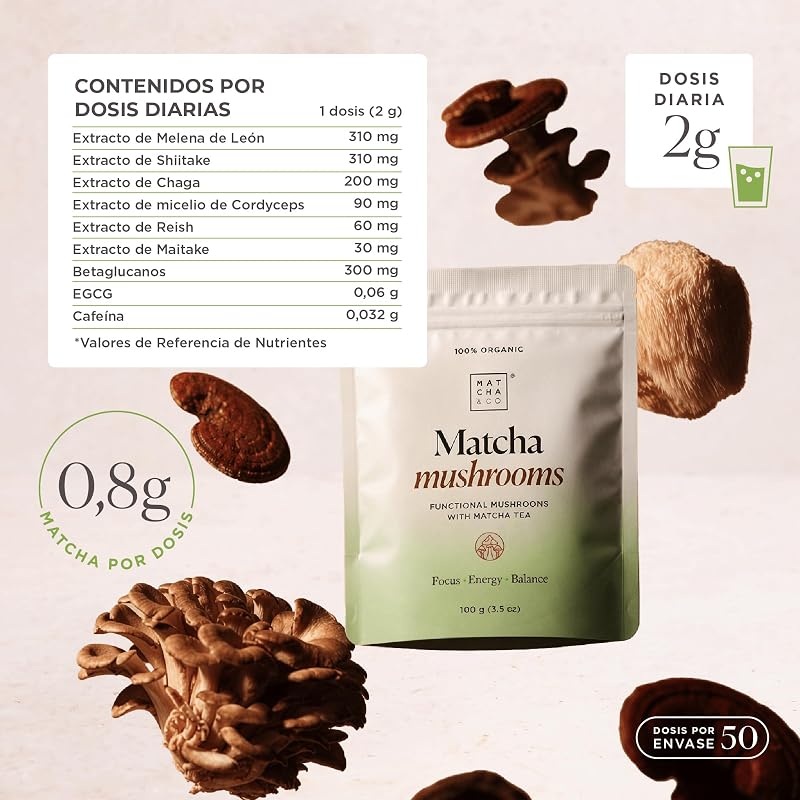 Cogumelos Matcha 100 g – Chá Matcha Cerimonial com 6 Cogumelos Funcionais (Juba de Leão, Reishi, Chaga, Cordyceps, Shiitake, Maitake) – Equilíbrio Energético de Foco – Origem Japonesa