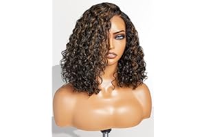 LUVME HAIR 12" Curly Glueless Wigs Human Hair Pre Plucked Pre Cut, Undetectable HD Lace Curly Bob Wig Human Hair Short Black Wig with Blonde Highlights Ready to Go Wig 180 Density