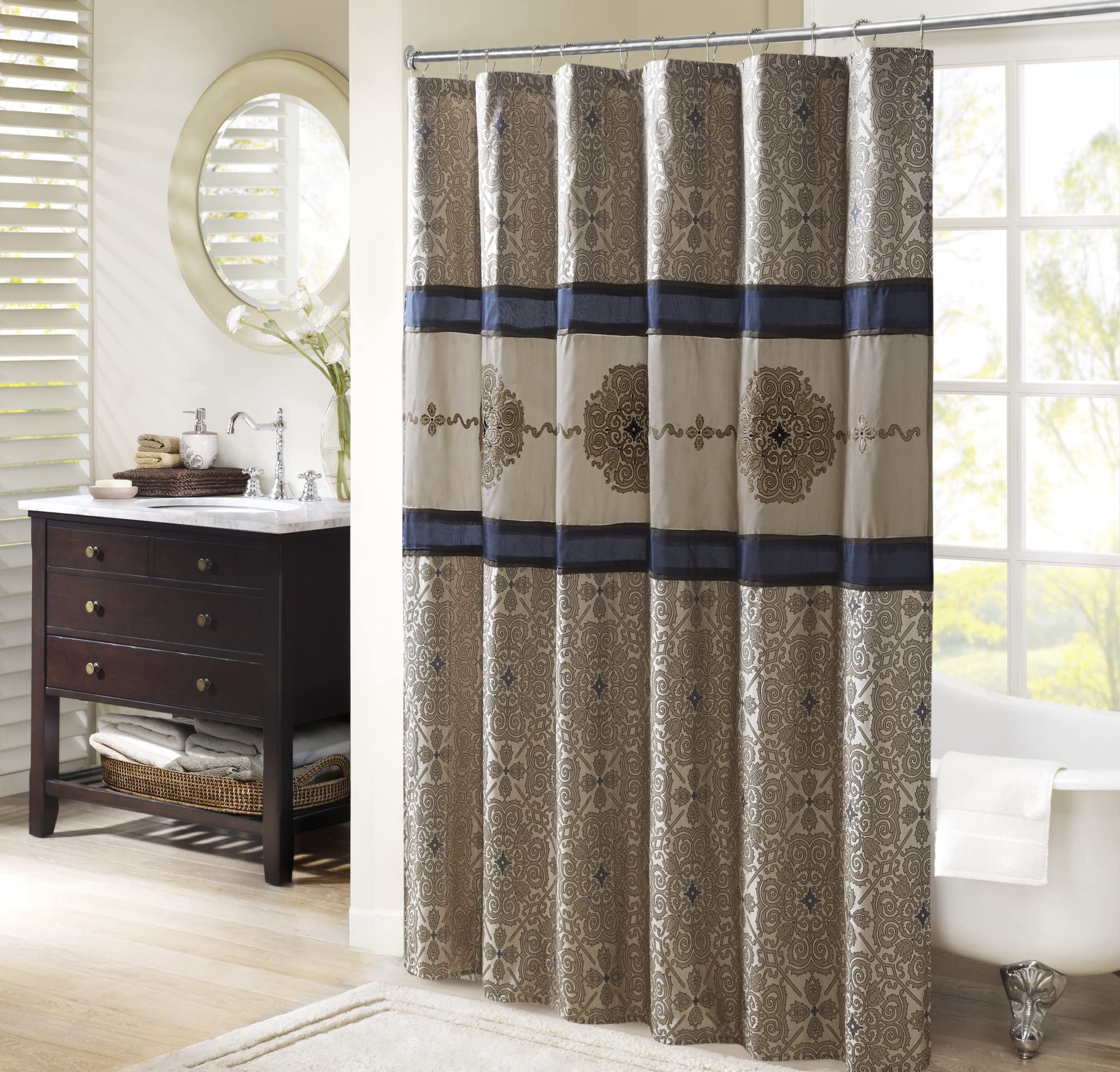 Madison Park Donovan Shower Curtain, Embroidered Jacquard Weave Design, Traditional Bathroom Décor, Machine Washable, Fabric Privacy Screen, 72x72, Navy