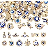 Cheriswelry 48Pcs Rhinestone Enamel Charms Evil Eye Gold Plated Alloy Pendants Flat Round Heart Butterfly Teardrop Metal Charm 10-20mm for Bracelet Necklace Earring Jewelry Making