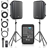 NBVOICE Professional Portable All-in-One Integrated 2-Way PA System Fixed Setup, Suitcase Design w/ 8-Channel Mixer, 2 Speaker Stands, Bluetooth, Mic for Performances, Presentations