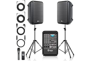 NBVOICE Professional Portable All-in-One Integrated 2-Way PA System Fixed Setup, Suitcase Design w/ 8-Channel Mixer, 2 Speaker Stands, Bluetooth, Mic for Performances, Presentations