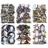 AuriicLeaf 60 Pcs Gothic Halloween Stickers for Scrapbooking and Journaling | Haunted ruins, potion bottles, bats, pumpkins and tombstones on transparent, water-resistant PET for collage crafts