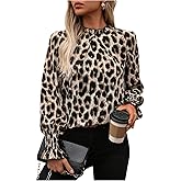 SweatyRocks Women's Leopard Print Blouse Mock Neck Long Puff Sleeve Frill Trim Shirt Tops