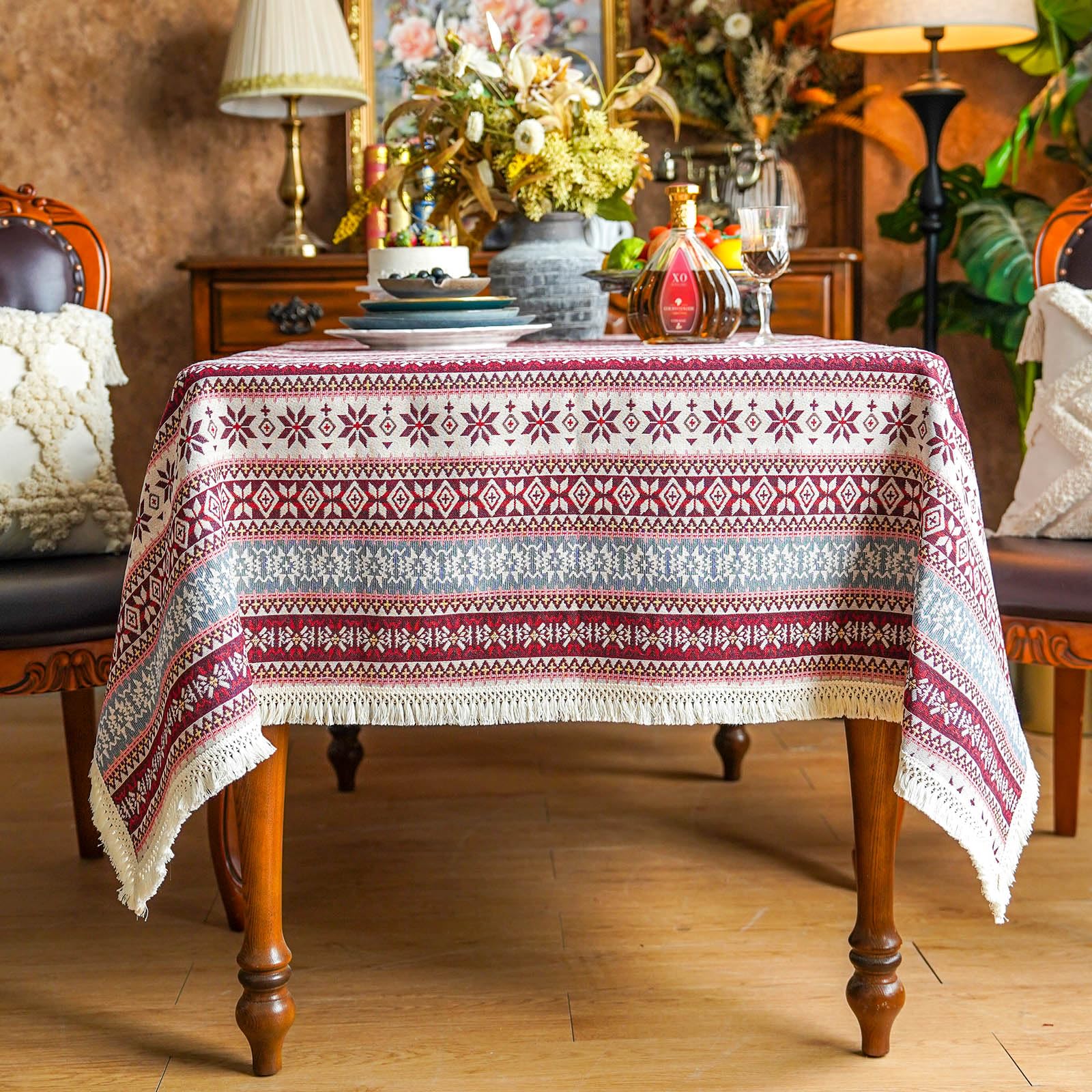 Photo 1 of SUTAVIA French Floral Tablecloth Hand-Made Cotton Fabric with Lace Vintage Berry Garden Pattern Tabletop Sofa Cover Blanket for Home Holiday Party Decor (Vintage Red, Rectangle, 60"x104")