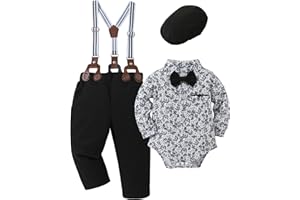 SOLOYEE Baby Boy Clothes Suits 0-24M Infant Gentleman Outfit Long Sleeve Dress Shirt+Suspender Pants+Bowtie+Beret Wedding Set