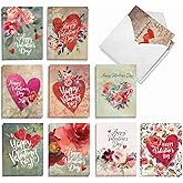 The Best Card Company 20 Assorted Valentine's Day Note Cards Bulk Box Set 4 x 5.12 Inch with Envelopes (10 Designs, 2 Each) Hearts and Flowers AM10413VDG-B2x10