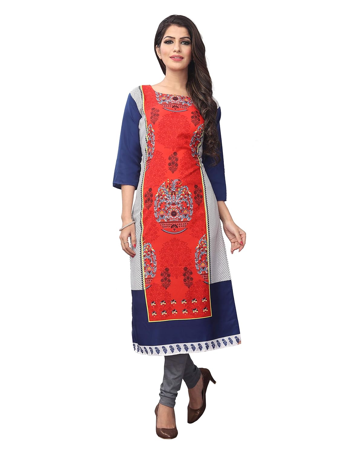 1 stop fashion women's multi crepe knee long straight kurti