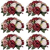 Nuptio Artificial Flower Centrepieces for Tables - 6 Pcs Burgundy & Dusty Rose & Creamy White Fake Flowers Roses Balls 9.5in Diam - Silk Faux Rose Arrangement for Wedding Party Centerpiece Table Decor