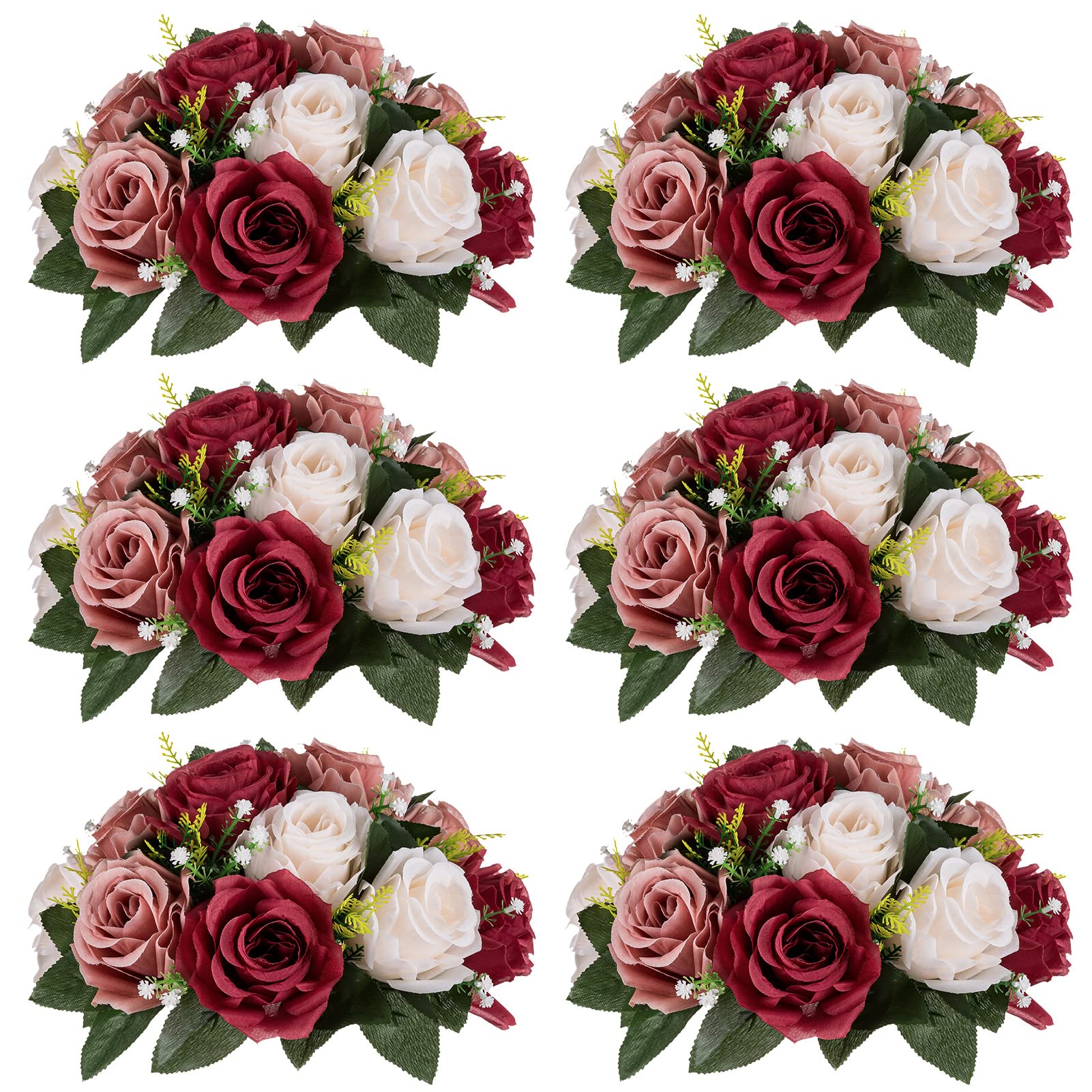 Photo 1 of **ONLY 2 CENTERPIECES***Nuptio Artificial Flower Centrepieces for Tables - 6 Pcs Burgundy & Dusty Rose & Creamy White Fake Flowers Roses Balls 9.5in Diam - Silk Faux Rose Arrangement for Wedding Party Centerpiece Table Decor