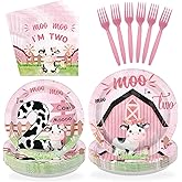 96Pcs Holy Cow I'm Two Birthday Party Decorations Moo Moo I'm Two Party Plates and Napkins Disposable Pink Cow Print Tableware Set for Farm Animals Cow Theme Girls 2nd Birthday Supplies Serves 24