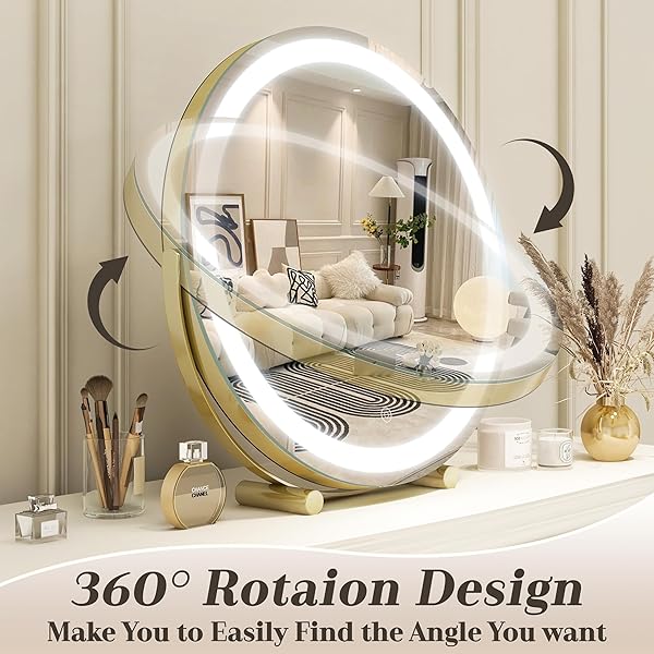 ROLOVE GOLD VANITY MIRROR, 18 INCH LIGHTED MAKEUP MIRROR WITH SMART TOUCH 3 COLORS DIMMABLE, TABLETOP, 360 ROTATION
