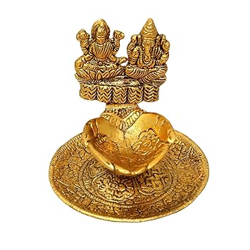 Rockshok Handmade Metal Diya Oil Lamp for Puja - Engraved Dia for Home Temple Festival Gifts Puja Articles Decor - Diwali Lights - Laxmi/Lakshmi Ganesh Diya (8 x 8 x 7 cm)