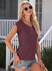 AUSELILY Womens Cap Sleeve T-Shirt Casual Loose Fit