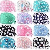 Unittype 12 Pcs Dental Caps for Women Adjustable Dentist Scrub Cap Elastic Nurse Hats Teeth Pattern Working Hats Bulk
