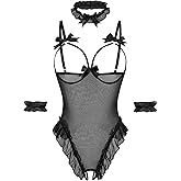 Avidlove Womens Lingerie Bodysuit 4 Piece Set Sheer Mesh Teddy Babydoll with Detachable Collar and Wrist Cuffs
