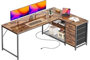 PRAISUN 61" L Shaped Desk with Power Outlets and USB-C Port, Reversible Computer Corner Office Desk with 4 Fabric Drawers and 2 Height-Adjustable Shelves, Large for Gaming Writing Study, Rustic Brown