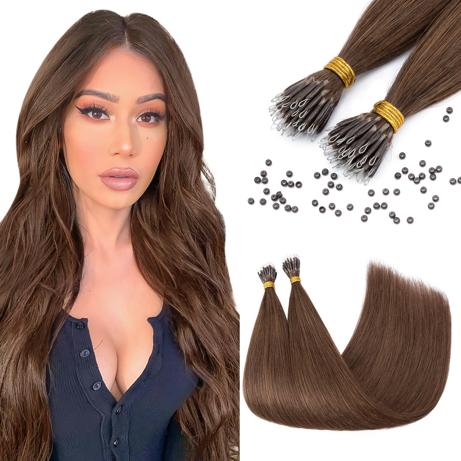 Elailite Nano Ring Hair Extensions Real Human Hair Blonde With Nano Beads Cold Fusion 50 Strands 35g Straight （#4 Medium Brown, 24 Inch)