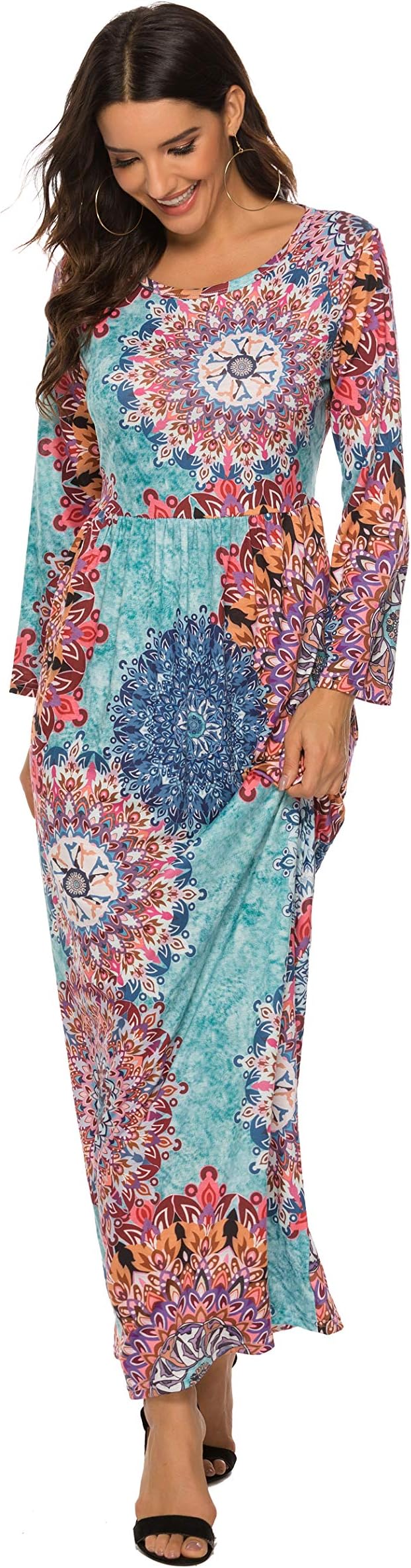 Womens Dresses Long Maxi Dresses for Women Long Sleeve Crew Collar Boho Loose Floral Plain Pockets Casual Dress