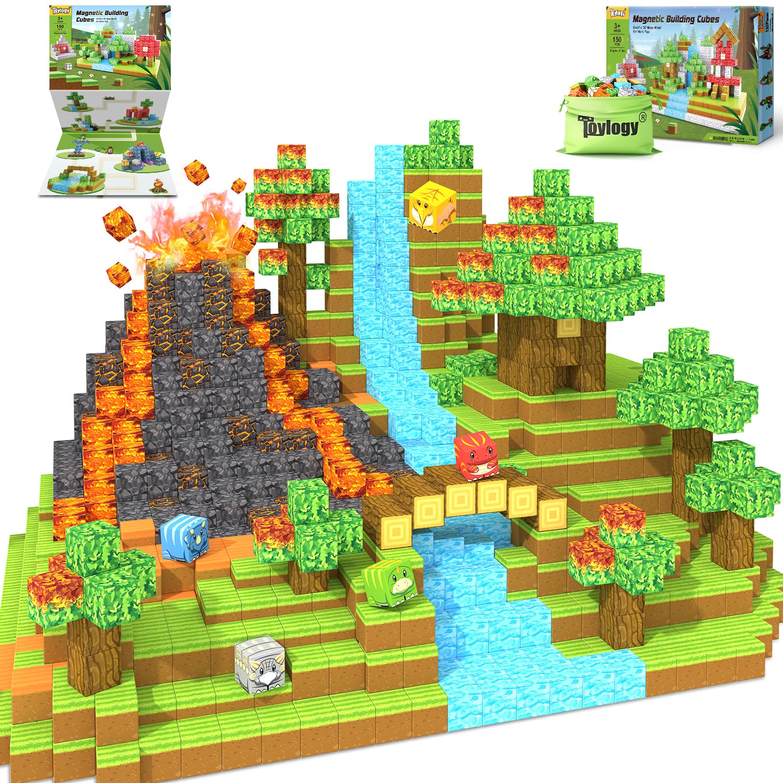 150PCS Dinosaur Toys Magnetic Blocks-Build Mine Magnet World Volcano Edition, Magnetic Kids Sensory Toys for 3+ Year Old Boys and Girls Building Blocks Toddler Games Through Jurassic Learning Gifts Image