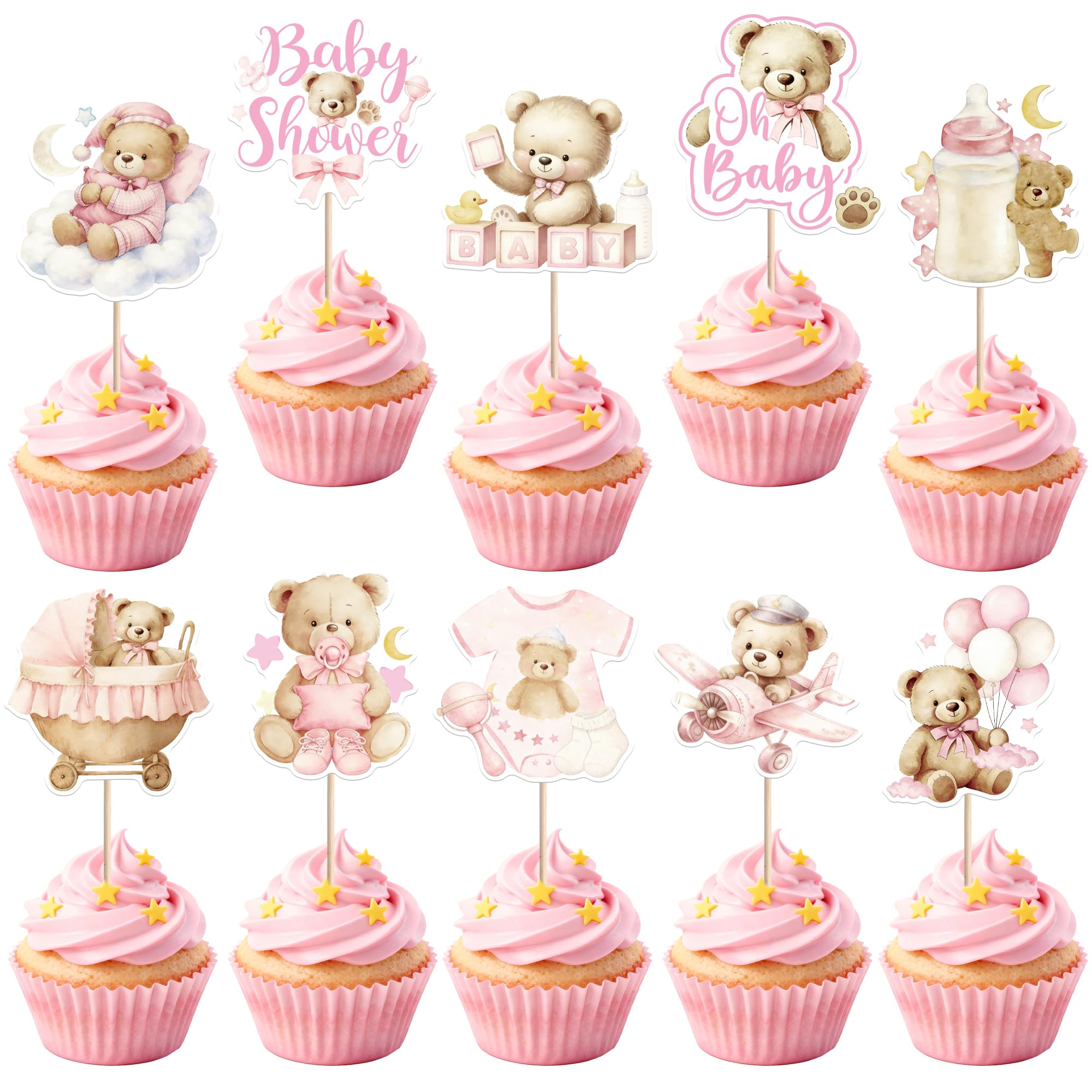 Xsstarmi 40 Pack Baby Shower Cupcake Toppers Welcome Baby Bear It's a Girl Cupcake Picks for Gender Reveal Birthday Party Cake Decorations Supplies Pink