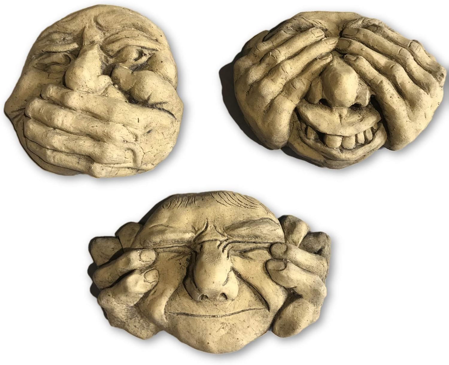 Set of 3 Hear, See, Speak no Evil ugly gargoyle face STONE wall plaques