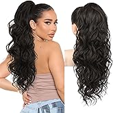REECHO Ponytail Extension, 24" Claw Clip Ponytail Extension Wavy Ponytails Hair Extensions Jaw Clip on Pony Tails Natural Synthetic Hairpiece for Women Daily, Dark Brown
