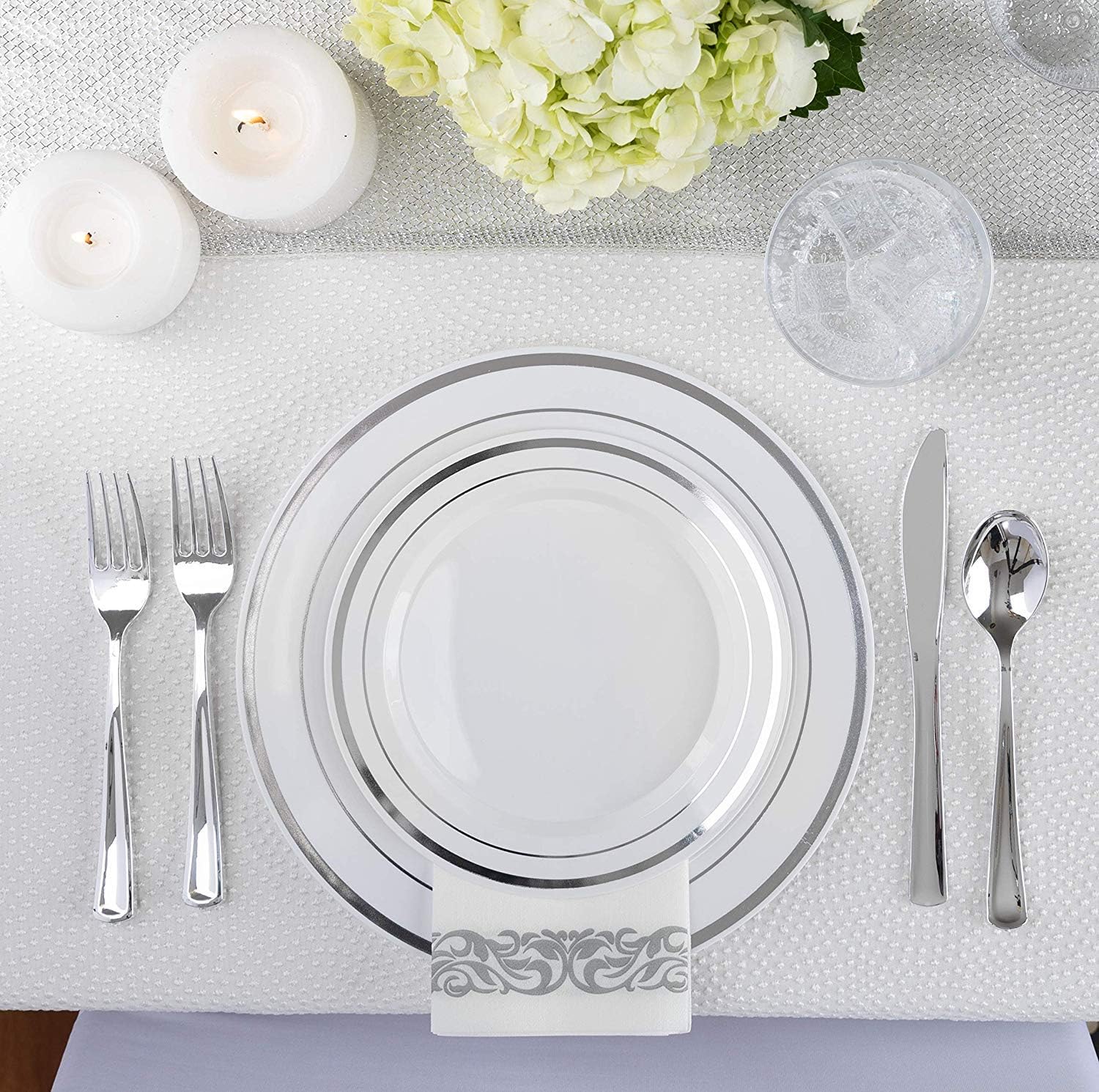  | Fancy Disposable Plates with Cutlery - 125 Piece Silver Plastic Party Plates and Silverware for Weddings, Party, Baby Shower, Birthday, Holiday - Service for 25 Guests (Silver Rim): Dinnerware Sets