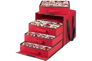 OIAHOMY Christmas Ornament Storage Box with Adjustable Dividers, Christmas Storage Container with Side Open Stores up to 64-3'' Ornaments, 4 Removable Drawer Style Trays - Red