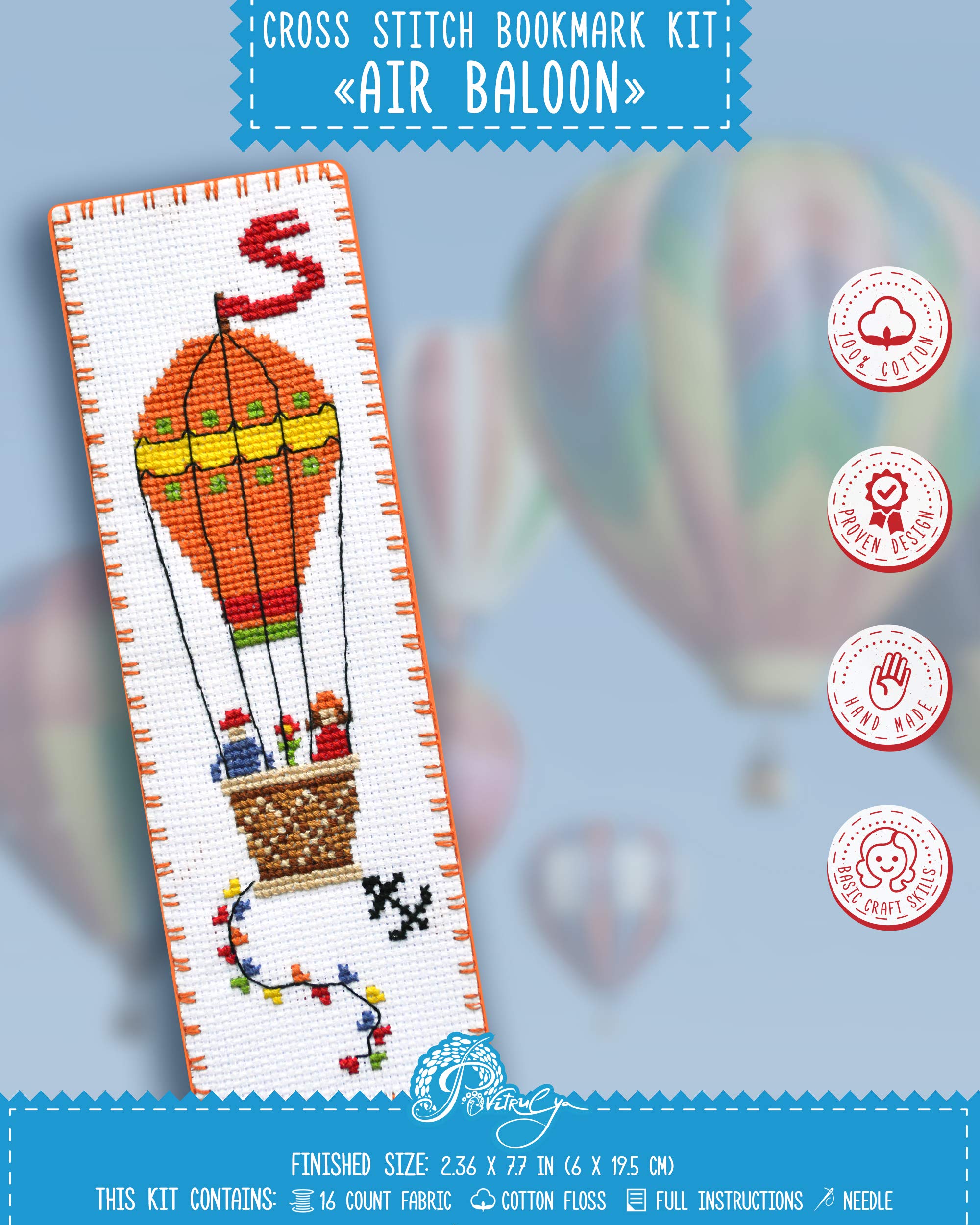 Povitrulya Counted Cross Stitch Kit - DIY Kits for Adults or Kids - Funny Embroidery Bookmark - Easy to Use - Craft Collection - Air Balloon