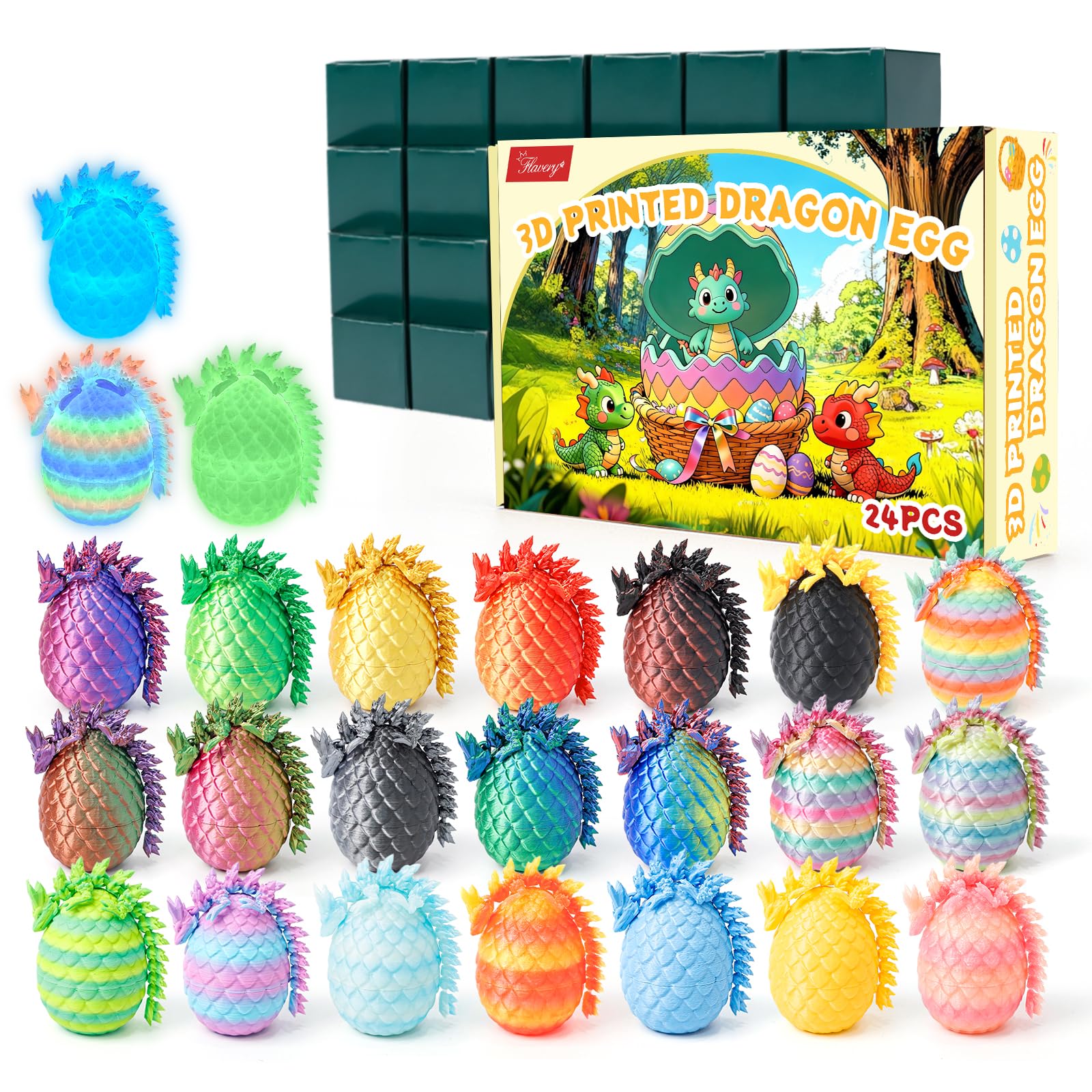 Flavery 3D Printed Dragon Eggs - 24 PCS, Mini Easter Basket Stuffers, Flexible Dragon Inside, Cute Christmas, Birthday Gift, Collectibles for Adults&Teens,3D Print Animals, Cute Desk Pets (Multicolor) β image 1