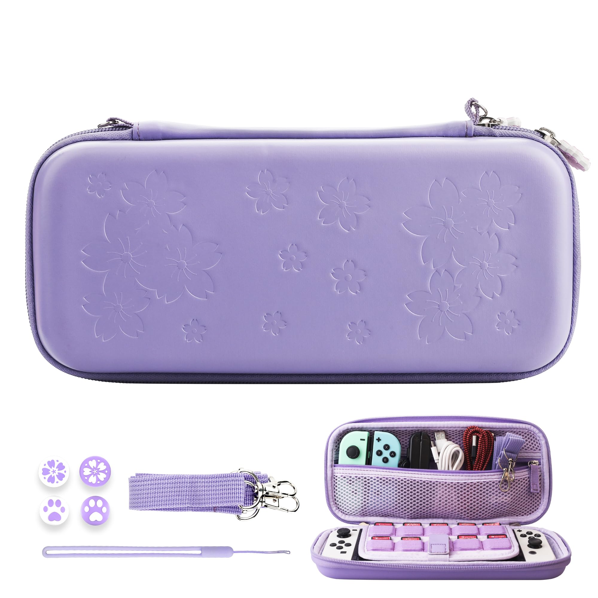 HYPERCASE Purple Carrying Case for Nintendo Switch or OLED, Shockproof Protective Hard Shell Travel Case for Switch Console with Silicone Hand Strap, Adjustable Shoulder Strap and 4 Cute Thumb Caps