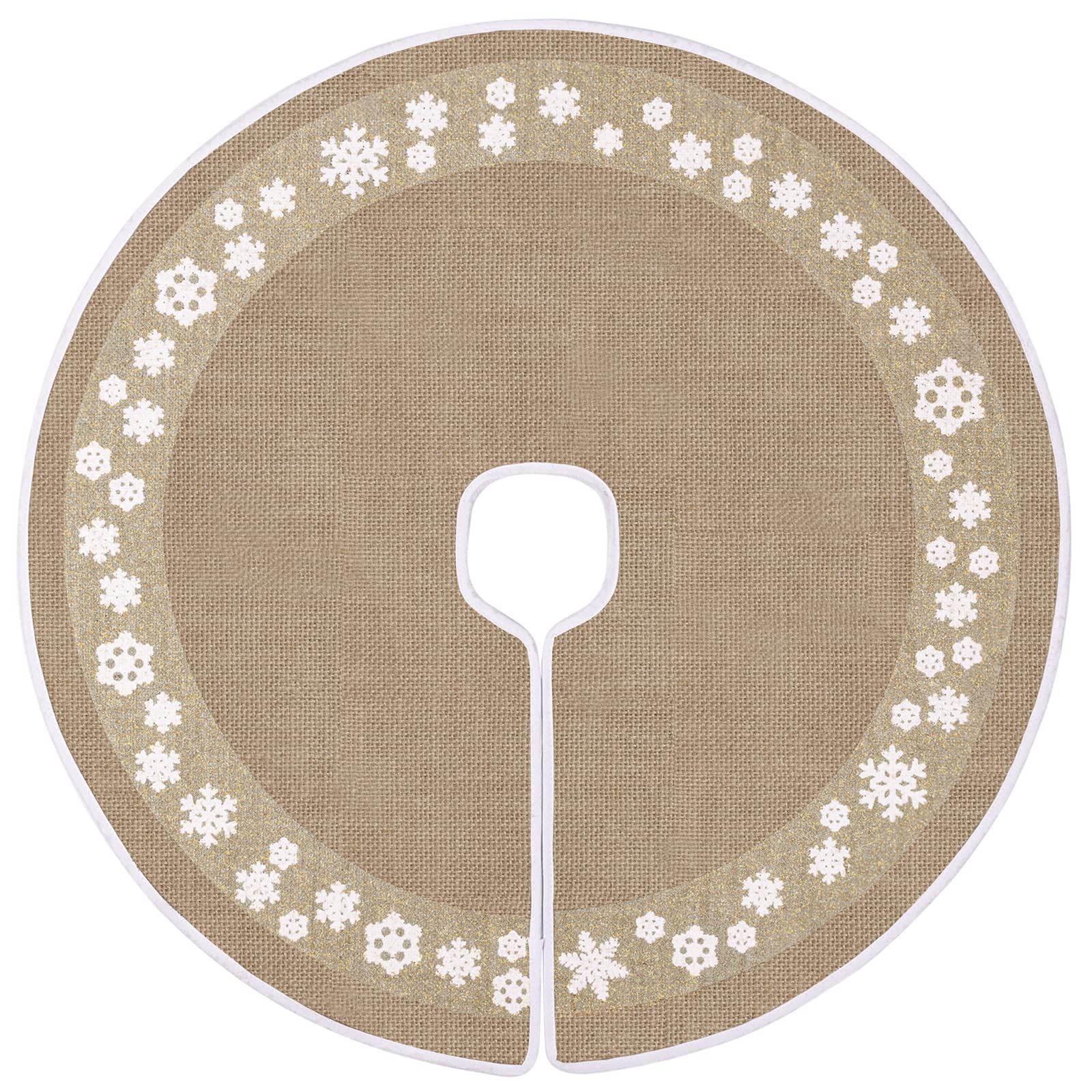 MACTING Christmas Burlap Tree Skirt, 30 Inches Tree Mat with Glitter Snowflake Circle Tree Foot Base Cover for Xmas Holiday Home Decoration