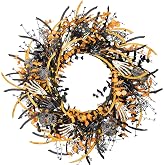 wwmira 26 Inch Halloween Wreath -Orange & Black Decor with Skulls, Spiders, Berries - Indoor/Outdoor Holiday Decor for Front Door, Wall, Fireplace, Party