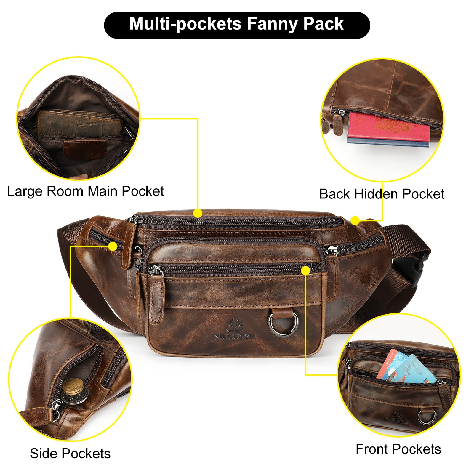 Genuine Leather Fanny Pack HandMade Durable cowhide Waist Bag Lots of Anti-theft zipper pocket Waxed Brown