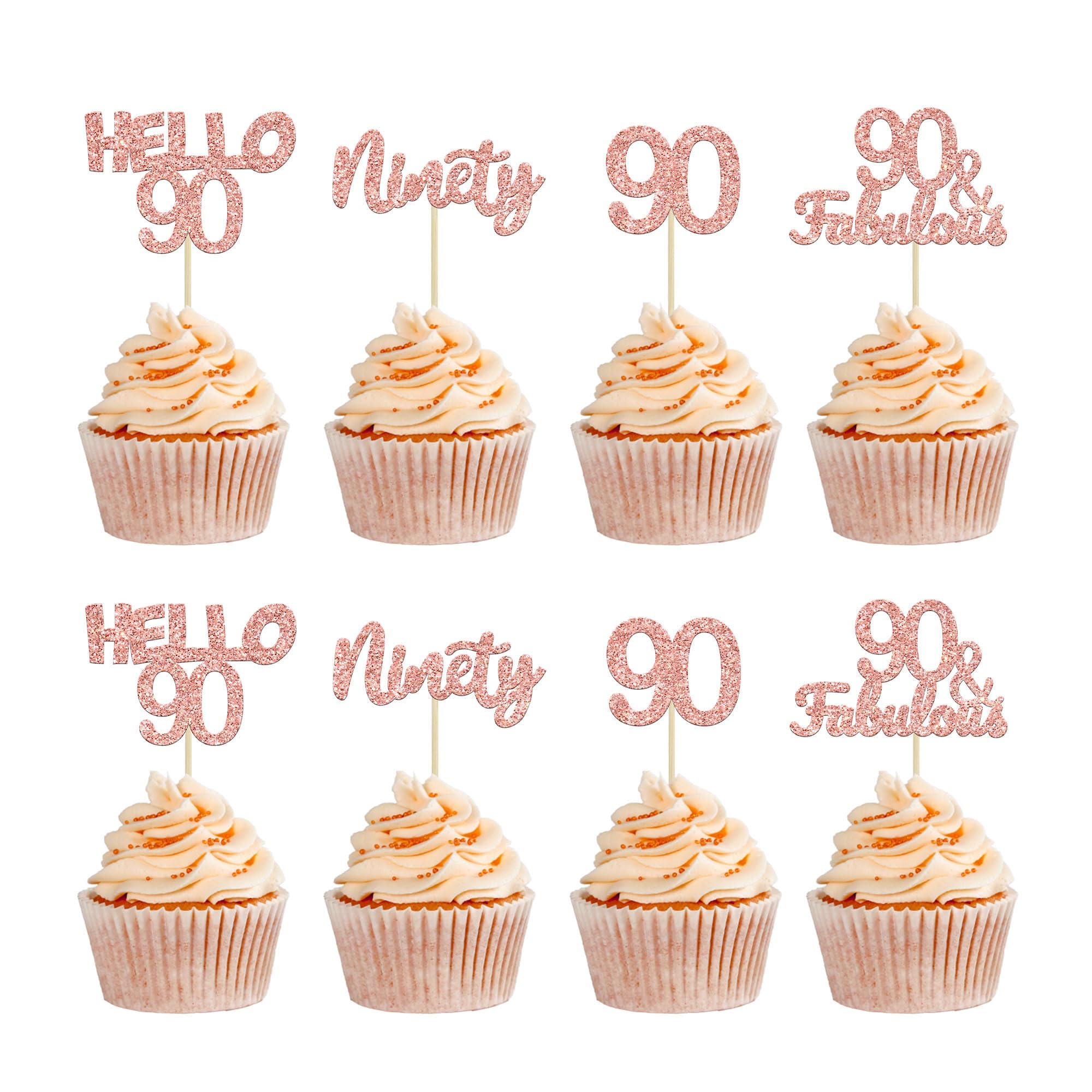Gyufise 24Pcs 90th Birthday Cupcake Rose Gold 90 and Fabulous Cupcake Picks Happy 90th Ninety Cupcake Topper for 90th Birthday Wedding Anniversary Party Supplies
